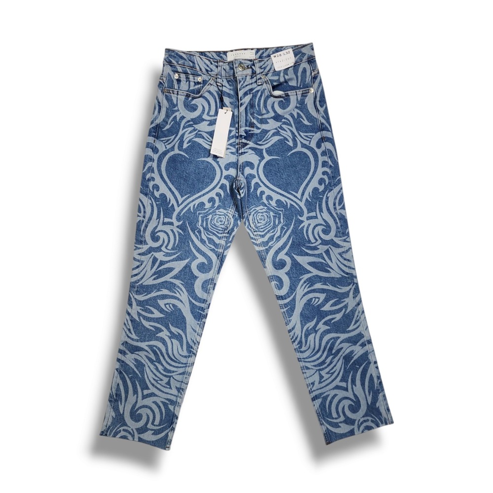 TOPSHOP Jeans Women's 28 Tattoo Art Design Blue Cropped High Waist Straight Raw